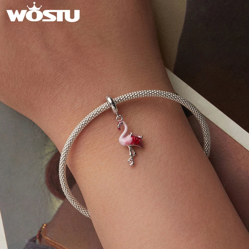 WOSTU Solid 925 Sterling Silver Flamingo Pendant Red Bird Charm Fit DIY Bracelet Necklace Summer Beach Jewelry Series