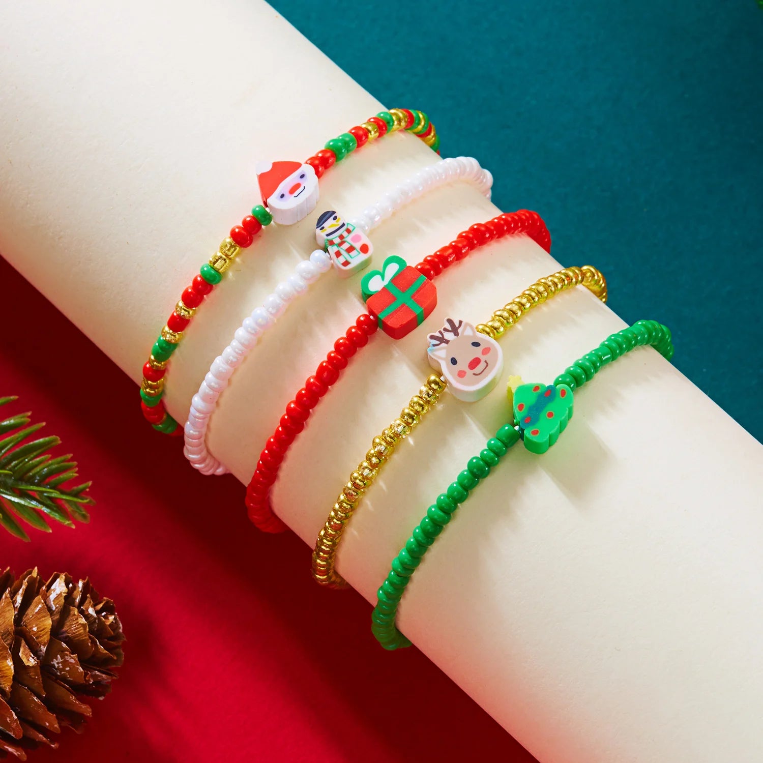 Handmade Christmas Bracelet For Women Girls Santa Claus Snowman Elk Xmas Tree Handwoven Adjustable Bangles New Year Jewelry Gift