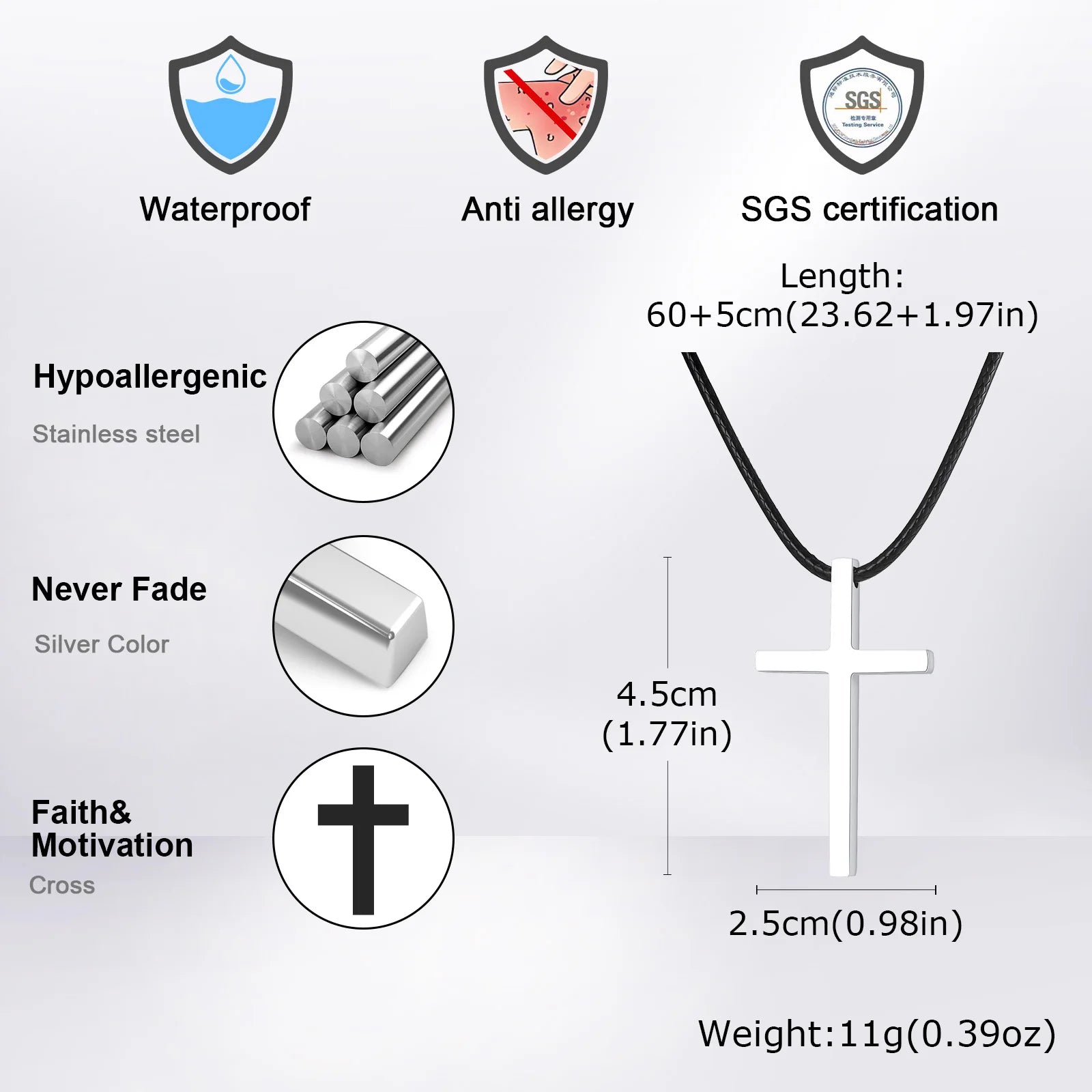 Vnox Minimalist Stainless Steel Cross Necklaces,Simple Thick Metal Pendant with Adjustable Black Rope Chain,Mens Religon Jewelry