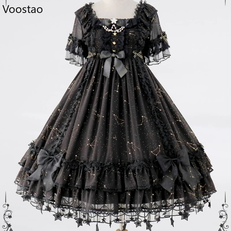 Victorian Gothic Lolita Dress Women Elegant Sweet Dark Bow Pearl Chain Evening Party Dresses Harajuku Y2k Punk Princess Dress