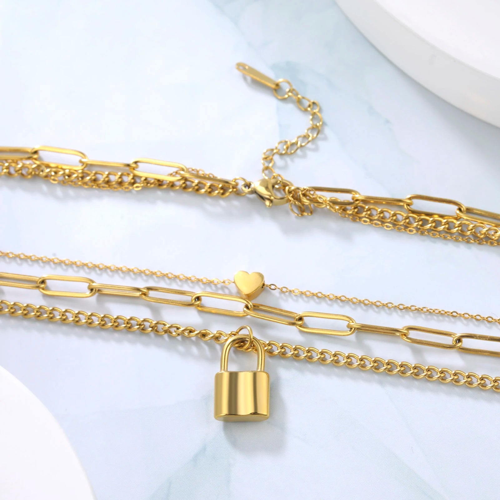 Stainless Steel Gold Color Lock Necklace for Women Hip Hop Three Layer Chain Necklace Padlock Pendant Choker Jewelry