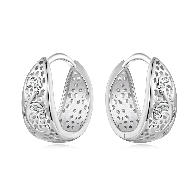 WOSTU Real 925 Sterling Silver Wedding Lace Hoop Earrings For Women Hollow Shiny Zircon Ear Buckles Engagement Party Gift