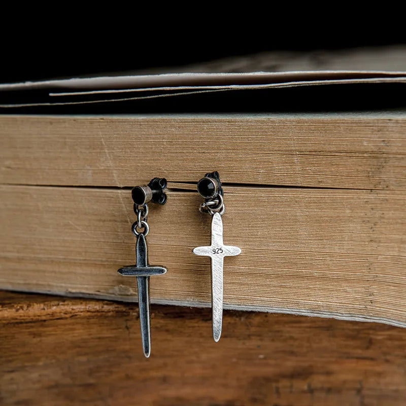 MKENDN Gothic 100% 925 Sterling Silver Creative Retro Cross Drop Earrings Punk Street Style Ear Pin for Men Women Fine Jewelry
