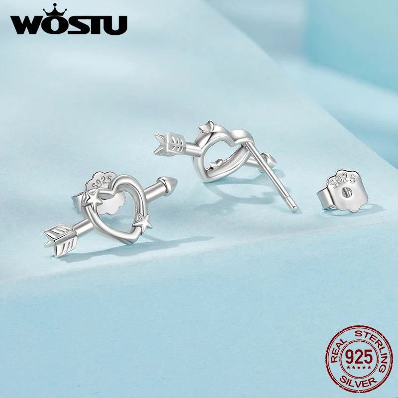 WOSTU 925 Sterling Silver Star Stud Earrings for women Heart Arrow Ear Studs Simple Jewelry Lovely Gift