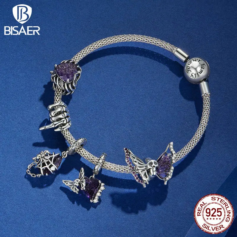 BISAER Pendentif en argent sterling 925 en forme de tête de mort rétro en forme de cœur et de papillon pour bracelets à faire soi-même, bijoux fins, bijoux d'Halloween