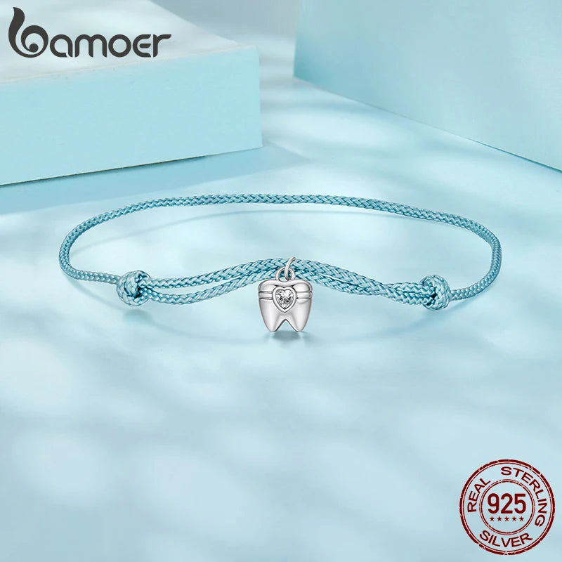 BAMOER 925 Sterling Silver Blue Rope Bracelet Teeth Zircon Pendant Knot Wrist Chain Adjustable for Women Summer Fresh Party Gift