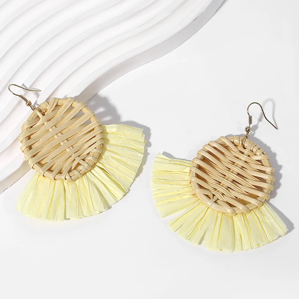 AENSOA Handmade Woven Rattan Knit Raffia Wooden Drop Earrings for Women Bohemian Circular Fan Shaped Statement Earrings Jewelry