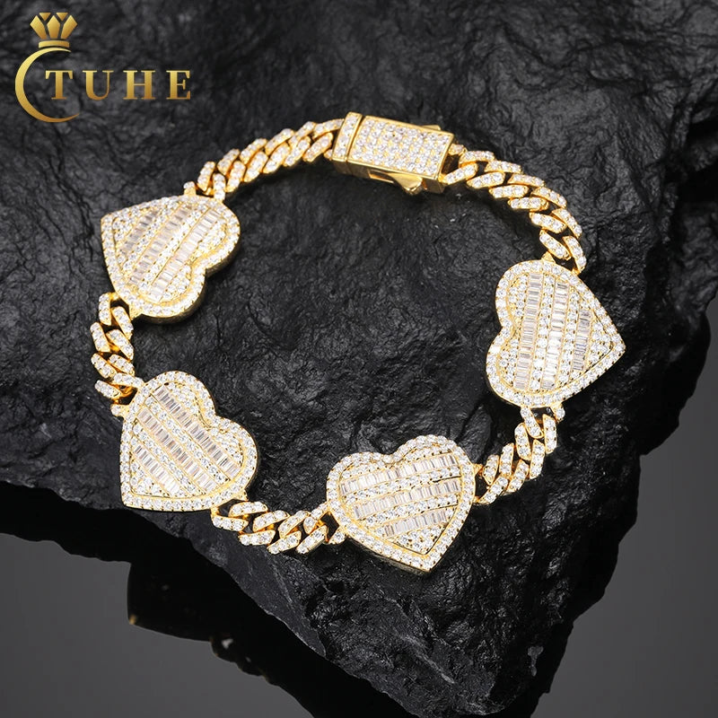Bracelet de luxe TUHE Full Heart, en argent 925, fine chaîne cubaine de 6 mm, pour homme, style hip-hop.