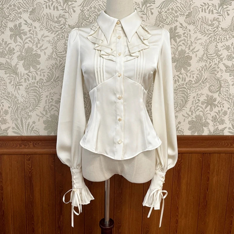Victorian Gothic Lolita Shirts Women Japanese Vintage Y2k Ruffles Gigot Sleeve Slim Blouses Female Elegant Sweet Princess Shirts - Madeinsea©