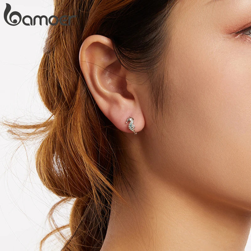 BAMOER Niedliche Seepferdchen-Ohrringe aus 925er Sterlingsilber, kleine runde Creolen für Damen BBSE1176