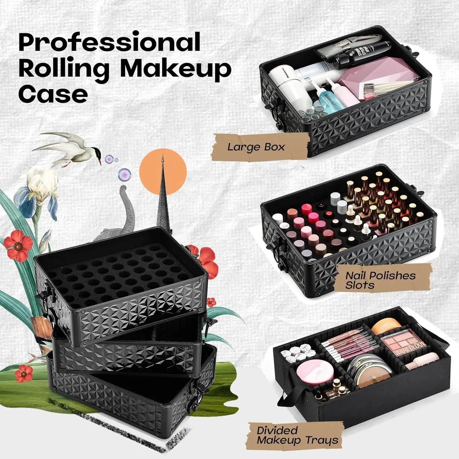 Professional Makeup Train Case on Wheels, Extra Large Cosmetic Case  Rolling Makeup Case Trolley Makeup Organizer with Wheels