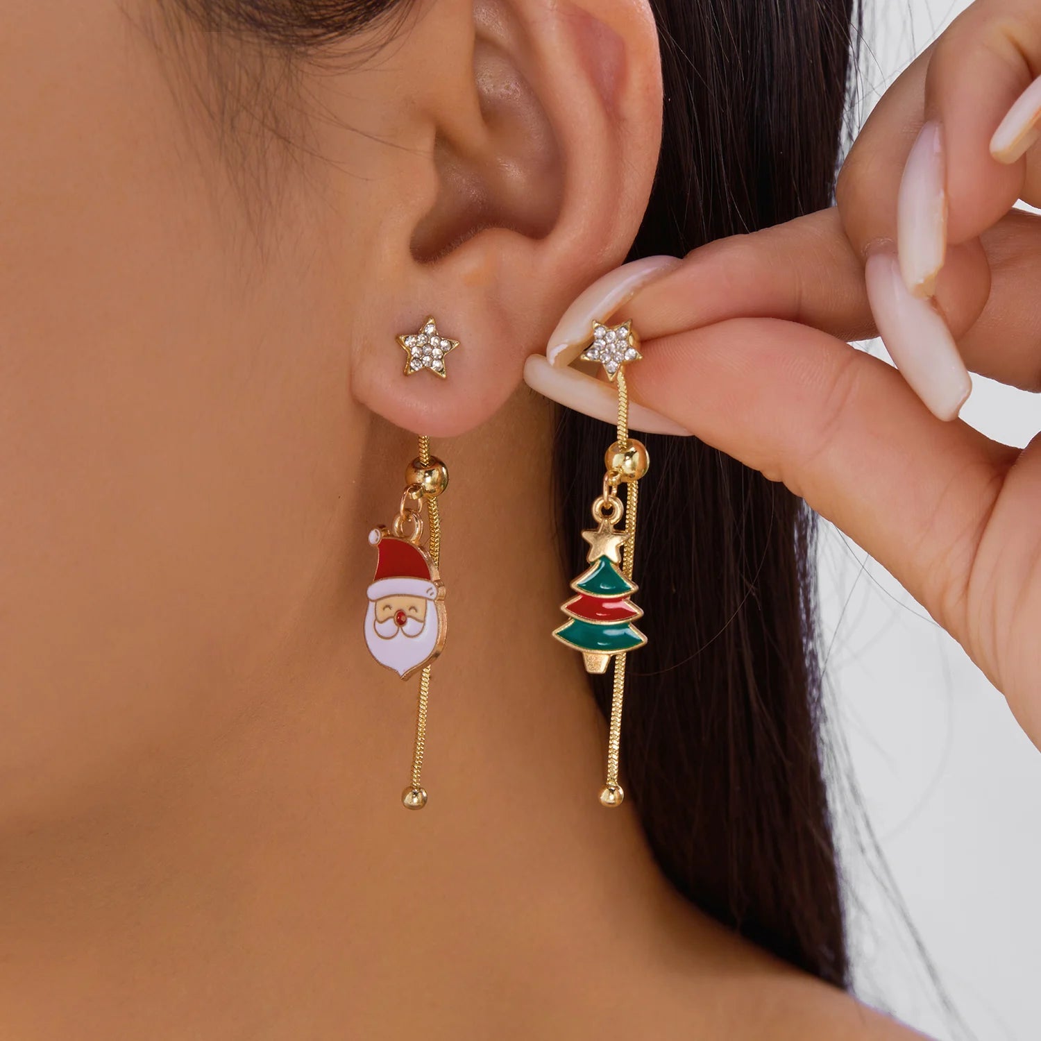 Fashion Christmas Asymmetrical Earrings for Women Zircon Snowflake Santa Claus Xmas Tree Snowman Tassel Earring Party Jewelry