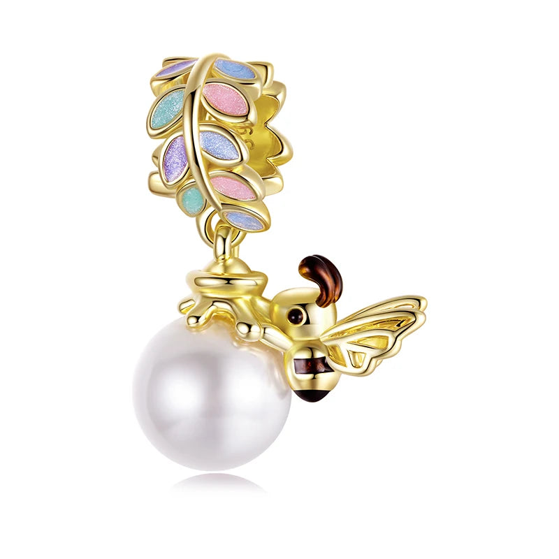 WOSTU 925 Sterling Silver Tow Tone DIY Bee Pendant Lucky Four-Leaf Clover Charm Colorful Leaves Bead Fit Original Bracelet Neck