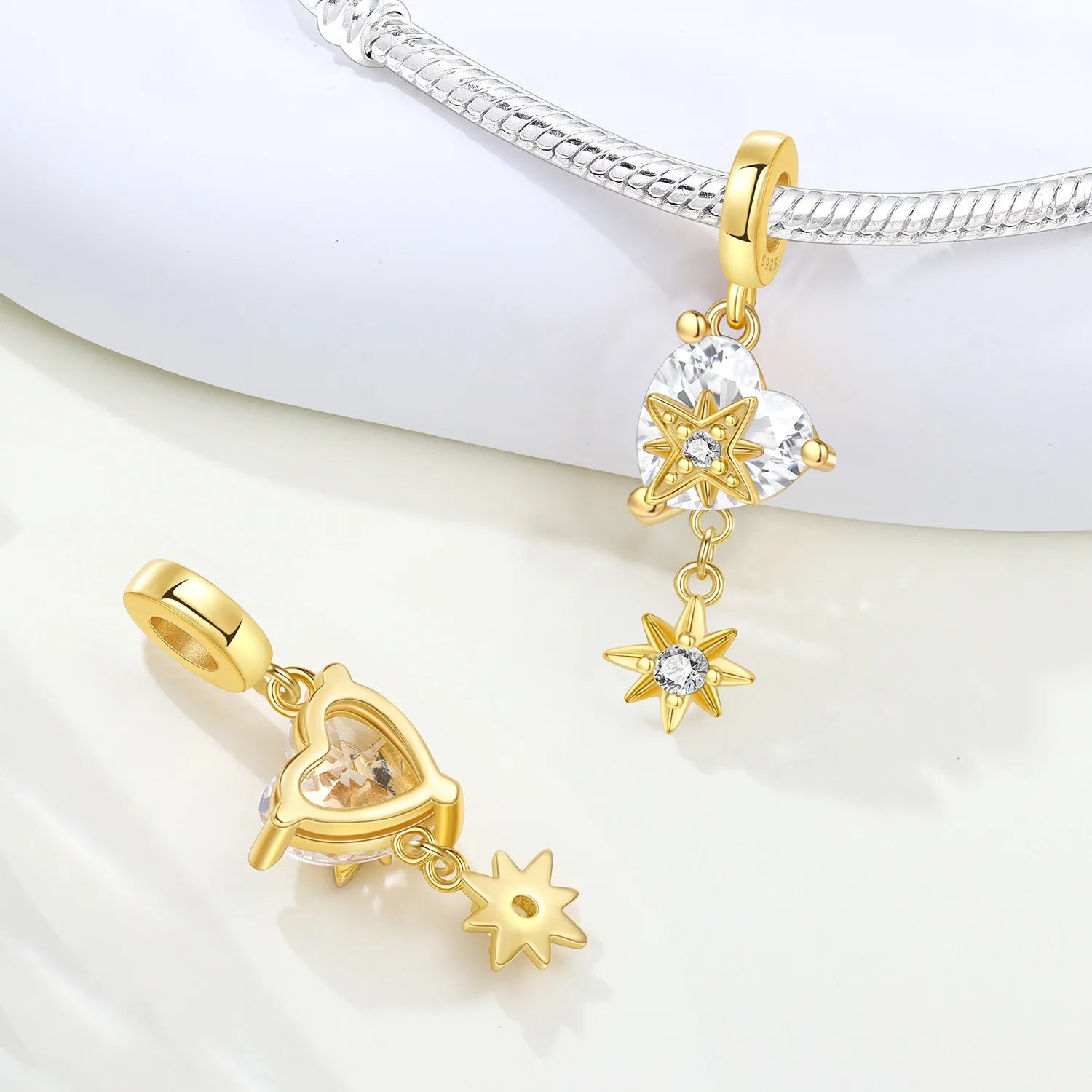 PANPOKI 925 Sterling Silver Heart Shaped Star Tassel Beads Original Pendants Bracelet Charm Jewelry Party DIY Trendy Gifts