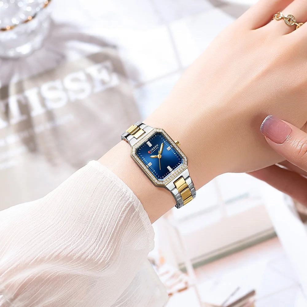 CURREN Luxurious Elegant Women's Watches Classic Rectangular Dial with Rhinestones Luminous Hands Waterproof