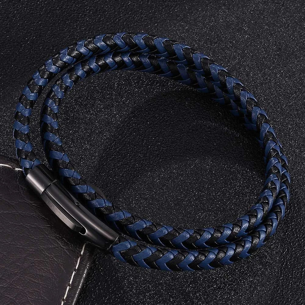 MKENDN Classic Black Stainless Steel Black Blue Braided Leather Bracelet Men Women Handmade Woven Double-Layer Jewelry Gift