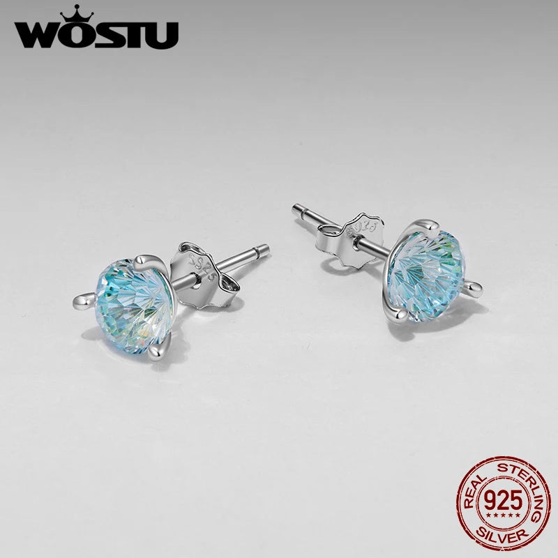 WOSTU 925 Silver 2CT Firework Zircon Stud Earrings For Women, Rainbow Blue Jewelry Gift Classical Round Ear Studs Wedding Gif
