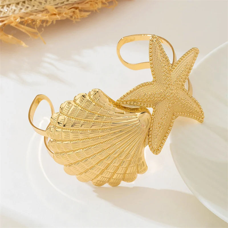 Elegant Flower Open Arm Bracelet Adjustable Bangle For Women Gold Plated Starfish Shell Octopus Shape Arm Cuff Party Jewelry