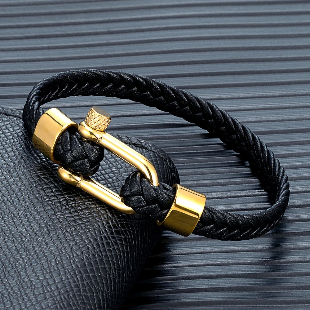 MKENDN Punk Gold Plated Stainless Steel U-shape Shackle Bucklae Bracelets Black Blue Braided Leather Bracelet Homme Pulseras