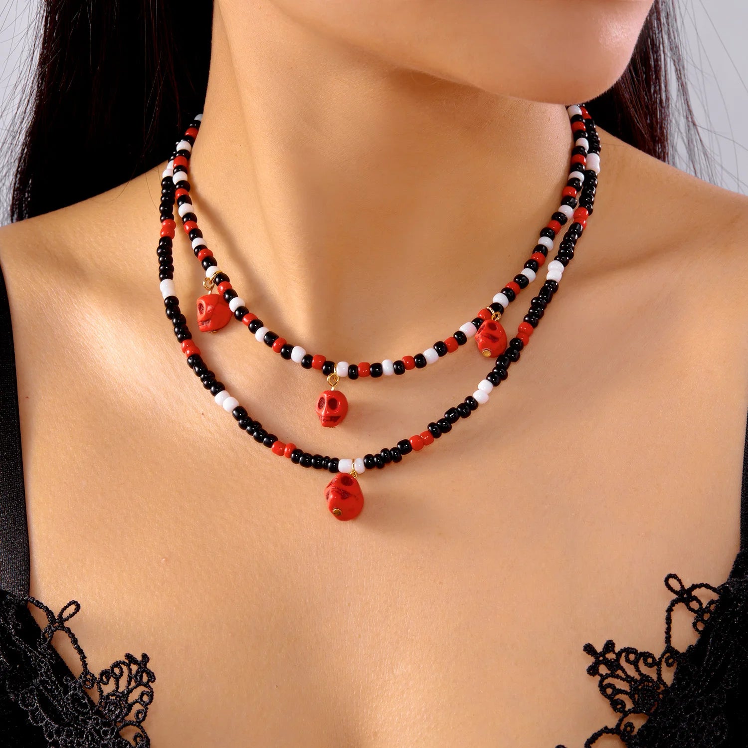 Halloween Mixed Color Rice Beads Necklace for Women Ghost Pumpkin Skull Black Bat Pendant Beaded Clavicle Choker Party Jewelry