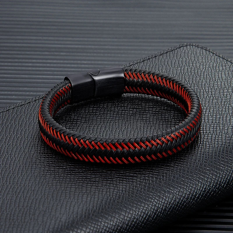 MKENDN Punk Men Jewelry Red Braided Leather Rope Bracelet Black Matte Magnetic Buckle Bracelets Men Wristband Pulsera Hombre
