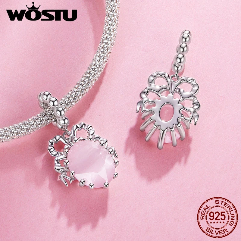 WOSTU 925 Sterling Silver Pink Cherry Pendant Bow White Gold Charm Original Sweet Fit for Women DIY Birthday Daily Fine Jewelry