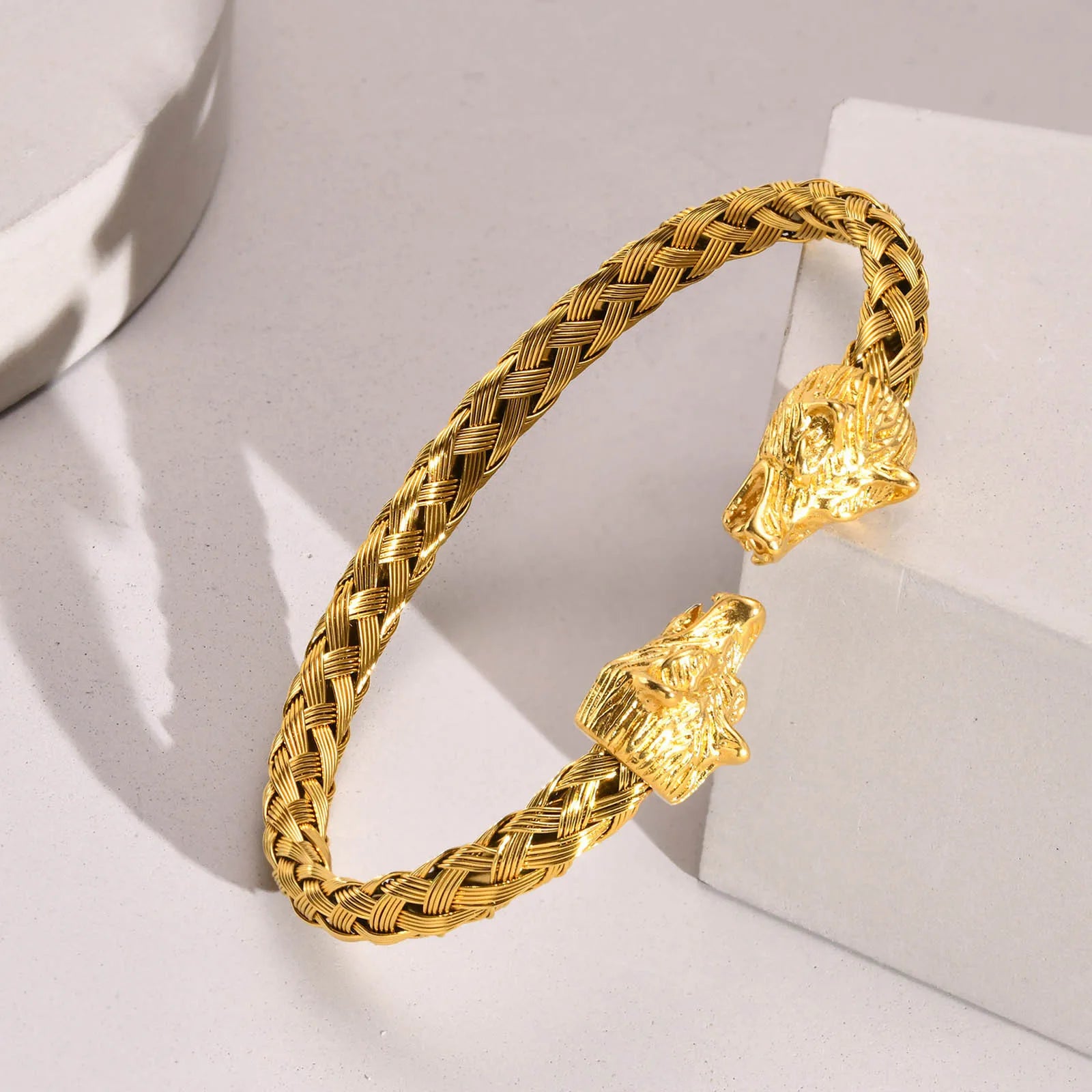 MKENDN Nordic Mythology Double Wolf Head Bracelet & Bangle Charm Open Cuff Bangles Stainless Steel Men Women Amulet Jewelry Gift - Madeinsea©