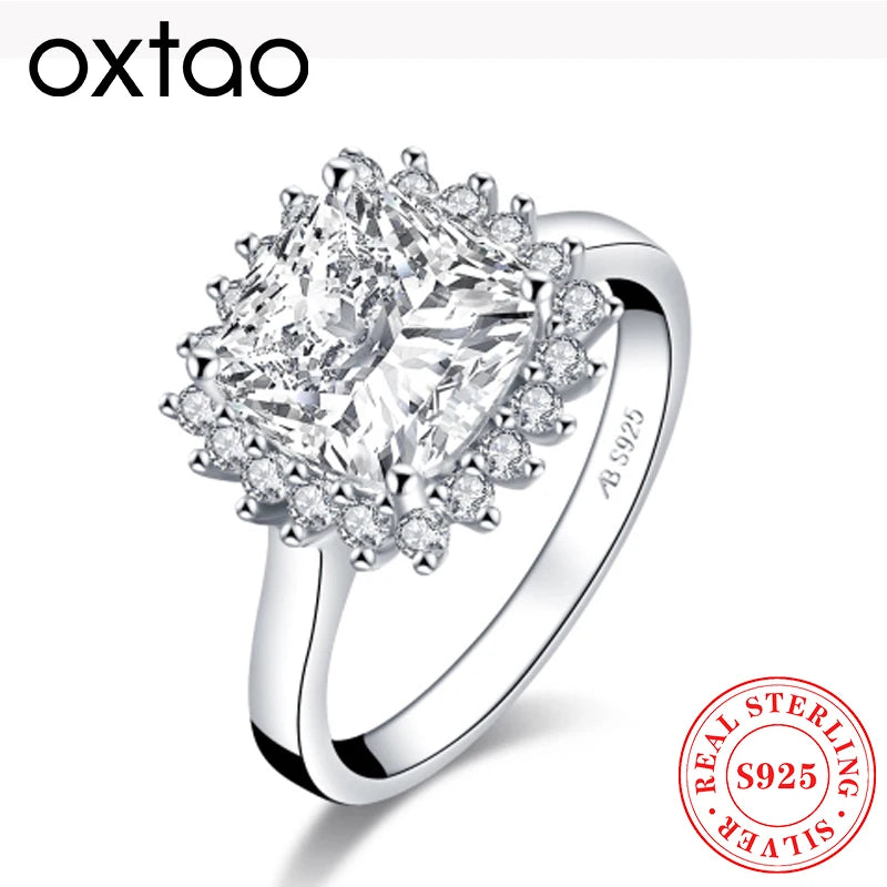 OXTAO Luxury Halo Engagement Ring 925 Sterling Silver Cushion Cut Simulated Diamond Wedding Bridal Ring Jewelry Gift