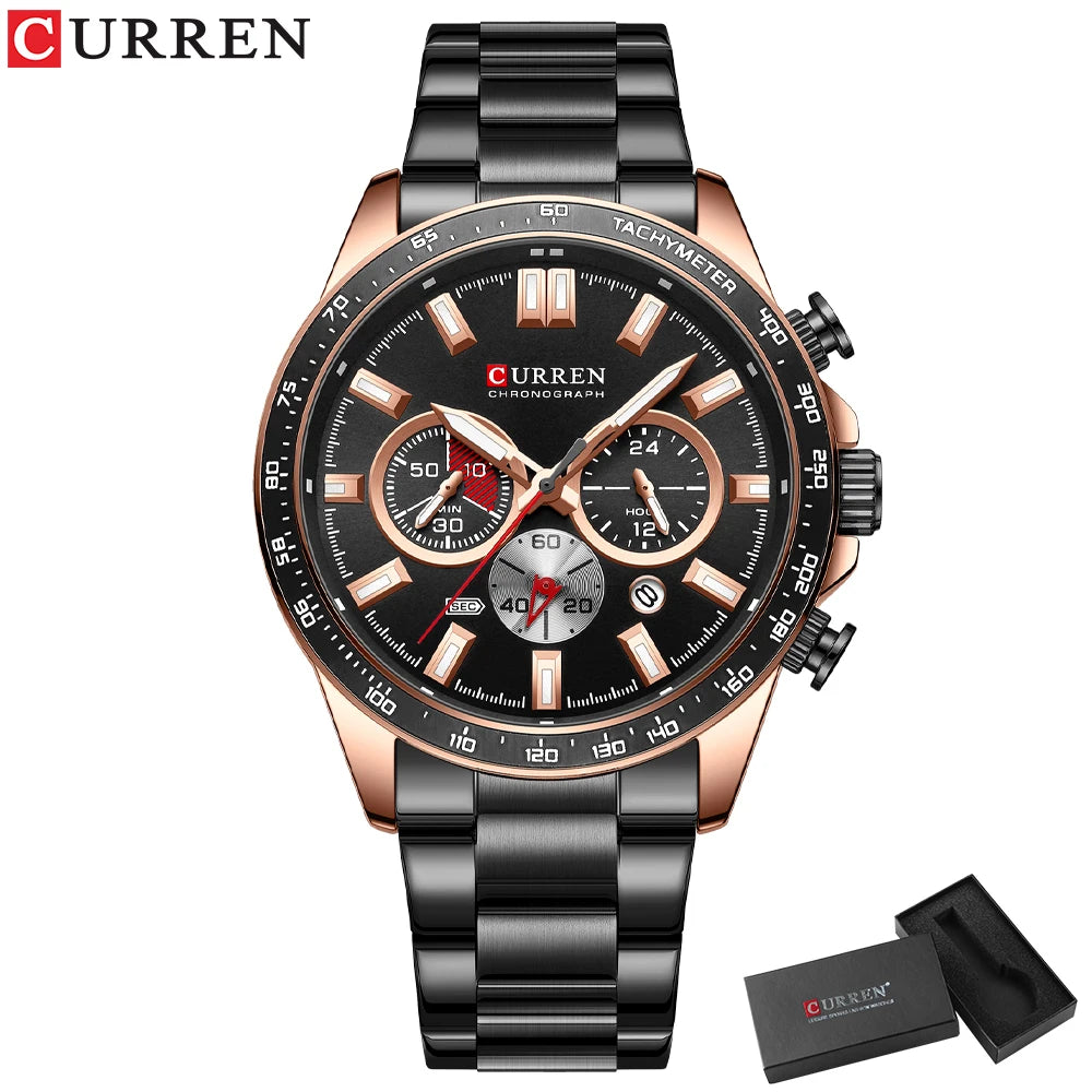 CURREN  New 2022 Stainless Steel Quartz Wristwatches for Men Sports Chronograph Watches with Luminous Hands