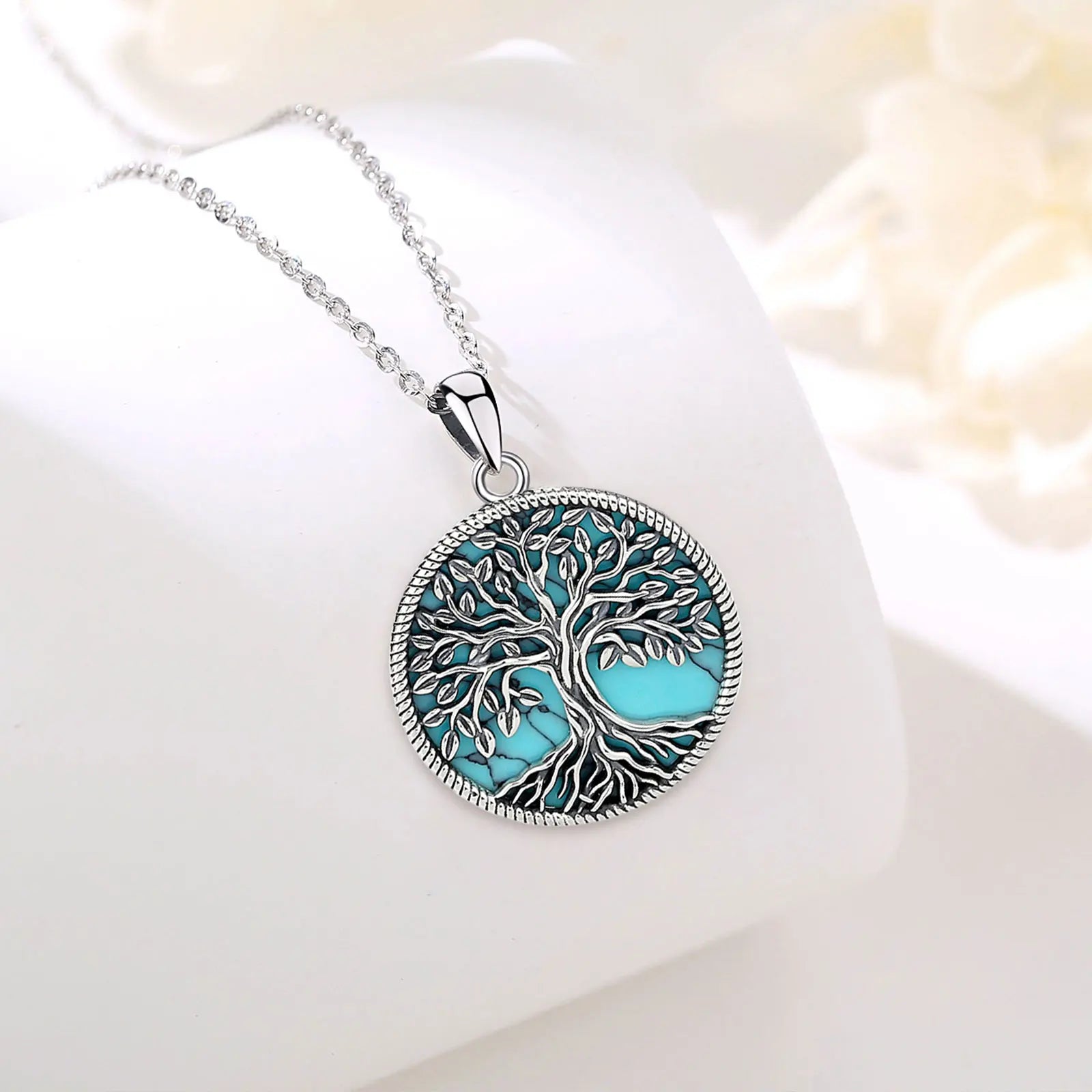 Eudora 925 Sterling Silver Tree of Life Necklace Yggdrasil Turquoise Pendant Silver Tree Jewelry Gift for Mom Grandma Women