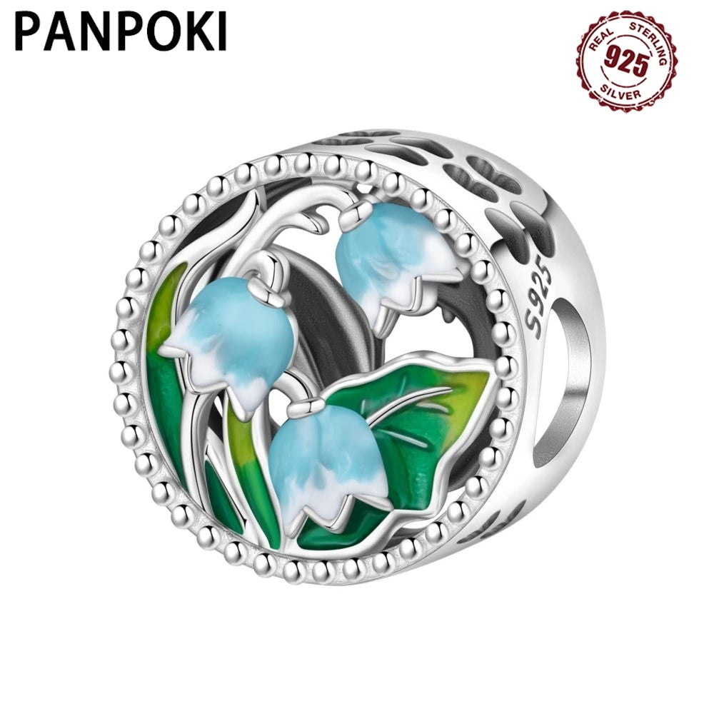 PANPOKI 925 Sterling Silver Green Linglan Flower Pendant Beads Original Pendants Bracelet Charm Jewelry Party DIY Trendy Gifts