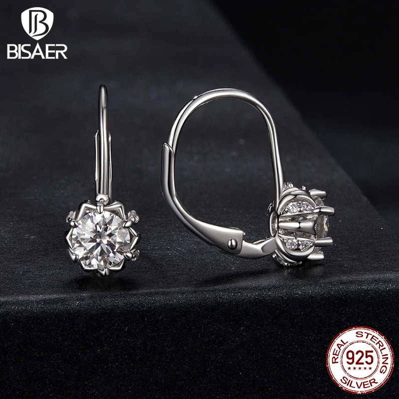BISAER Platinum Plated Moissanite Flower Earrings 925 Sterling Silver for Women Round Cut Lab Diamond Wedding Fine Jewelry Gift