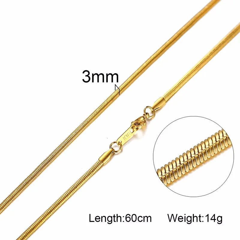 Collier ras du cou pour homme Vnox Dropshipping, chaîne gourmette plate en acier inoxydable, motif serpent ton sur ton, 3-6 mm, 61 cm (24 pouces).