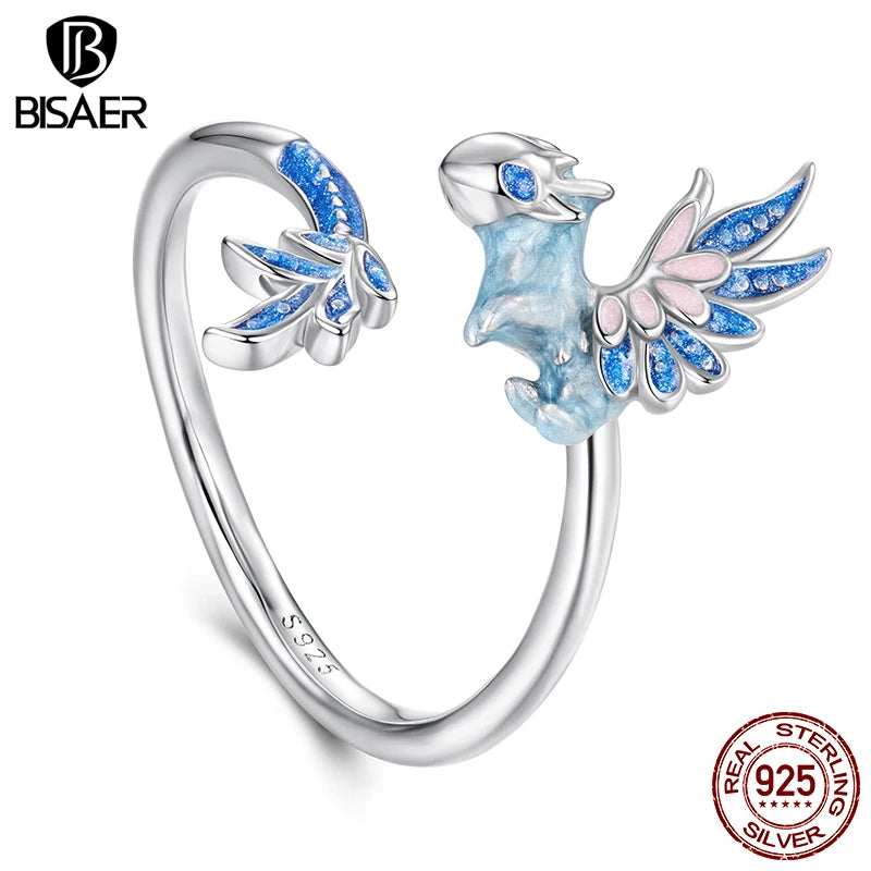 BISAER 925 Sterling Silver Flying Dragon Open Ring Blue Enamel Band Plated White Gold for Women Party Original Fine Jewelry