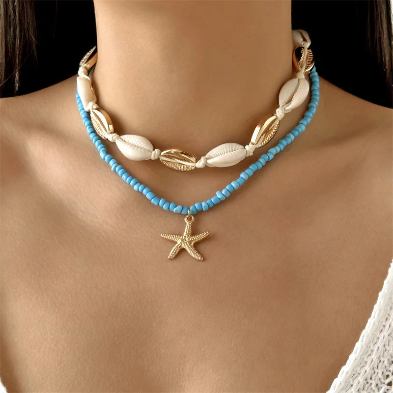 Mulitlayer Ocean Starfish Shells Pendant Necklace For Women Elegant Imitation Pearl Beads Choker Necklace Beach Party Jewelry - Madeinsea©
