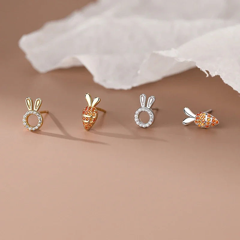 INZATT Real 925 Sterling Silver Zircon Carrot Rabbit Mini Stud Earrings for Women Cute Fine Jewelry 2024 Trendy Accessories