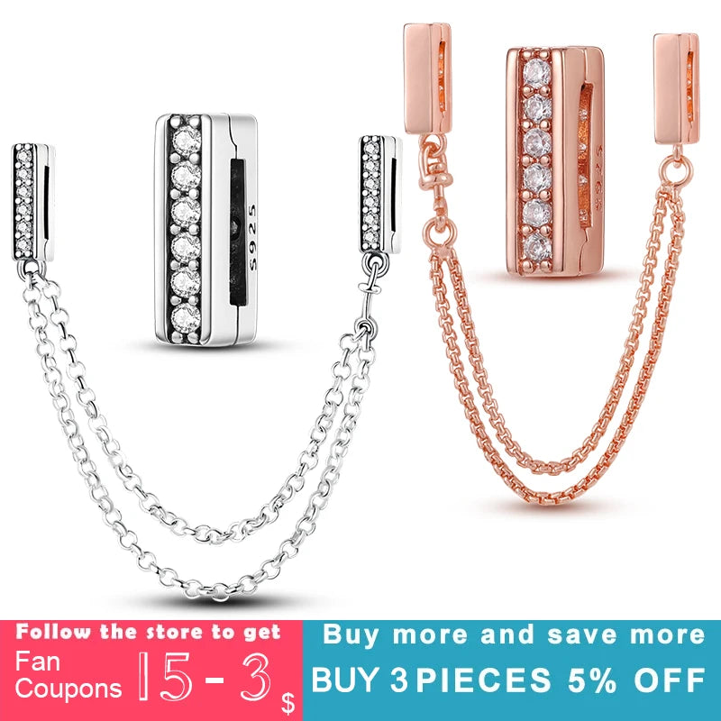 925 Sterling Silver Safety Chain Clip Round Pave Charm Beads fit Origi