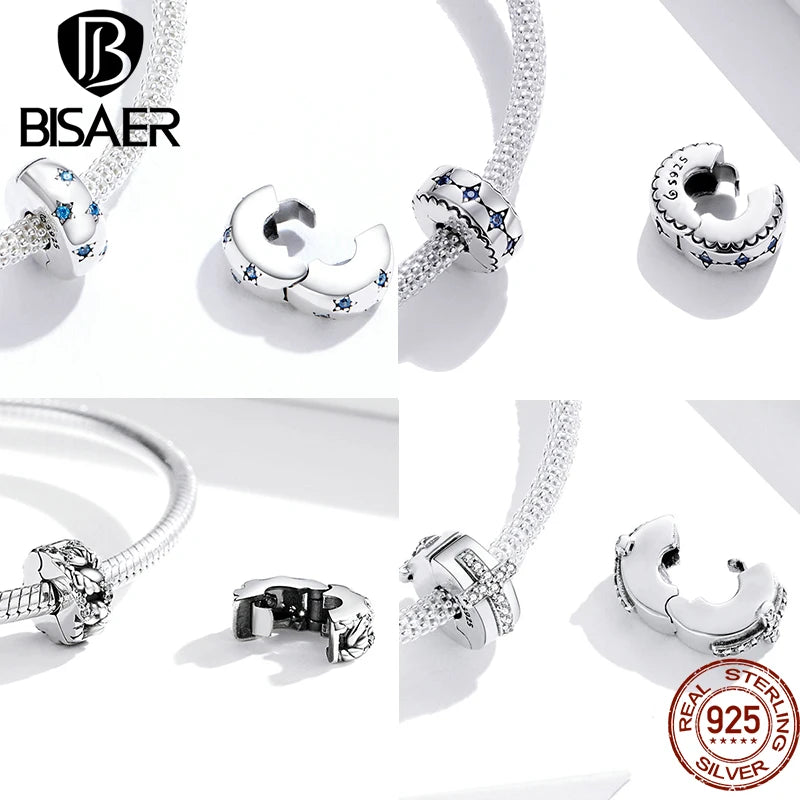 BISAER 925 Sterling Silver Openable Clip Spacer Charm Fit Women DIY Bracelet Lock Stopper Perle Plaqué Platine Fine Jewelry Gift