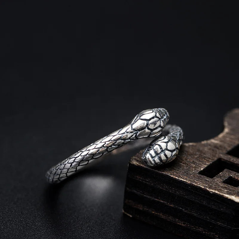 MKENDN Retro Punk Real 925 Sterling Silver Double Head Snake Ring Fashion Personality Stereoscopic Opening Adjustable Jewelry