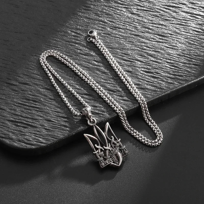 Retro Neptune Poseidon Trident Necklace Ukraine National Emblem Pendant Men\\\\\\'s Fashion Cool Trendy Jewelry Accessories