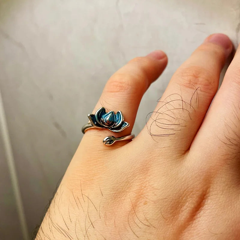 Retro Chinese Cloisonne Lotus Flower Ring For Women Punk Gothic Vintage Open Ring Handmade Designer Jewelry Unisex Accessories