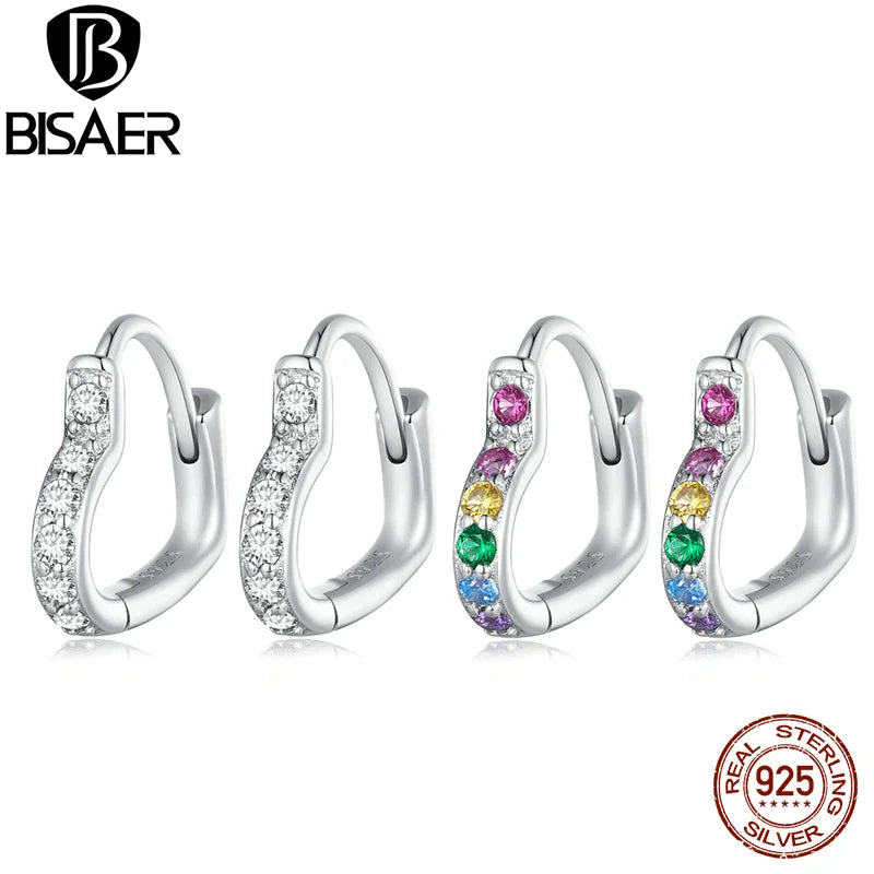 Boucles d'oreilles créoles en forme de cœur en argent sterling 100 % 925 BISAER avec sertissage pavé en zircon plaqué platine pour femmes OL Party Fine Jewelry