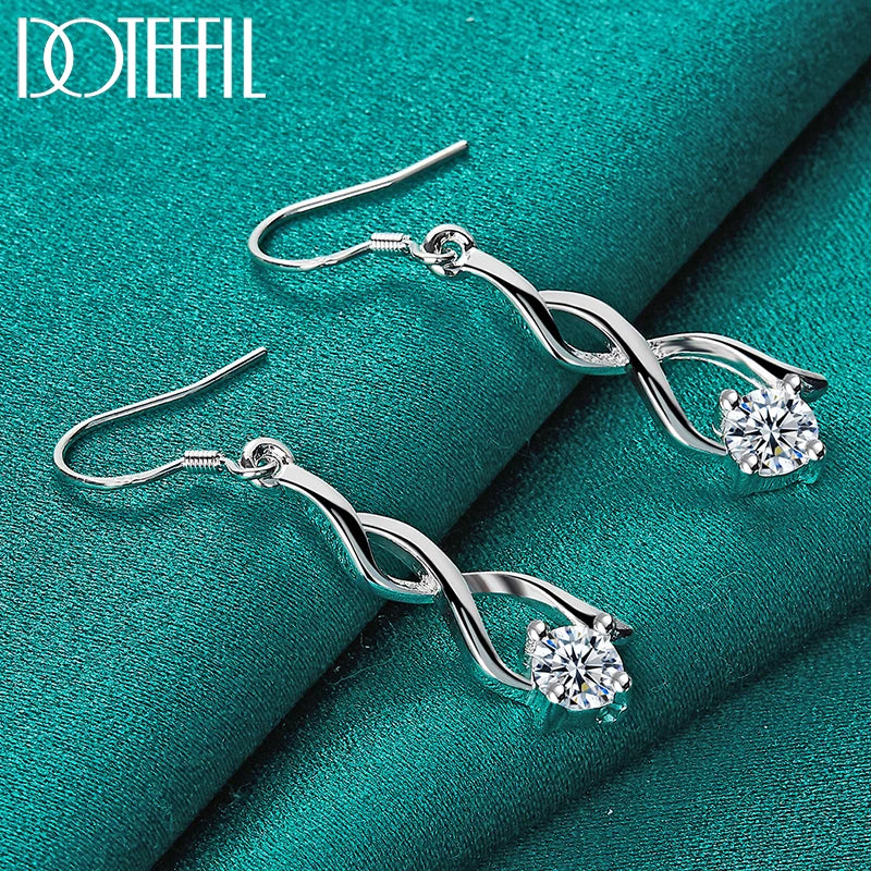 DOTEFFIL 925 Sterling Silver AAA Zircon Geometry Drop Earring For Woman Lady Wedding Engagement Party Fashion Jewelry