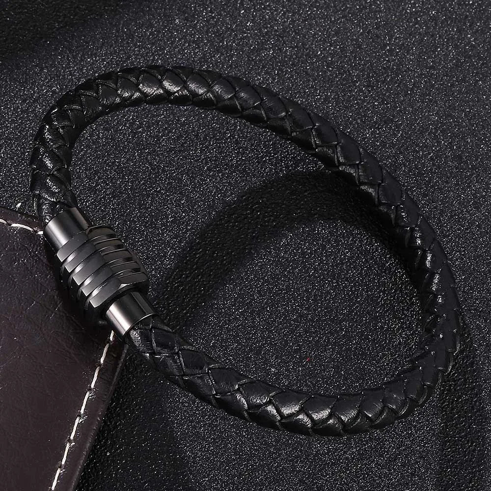 MKENDN Fashion Punk Men Jewelry Black Braided Leather Bracelet Stainless Steel Magnetic Clasp Fashion Bangles Gift