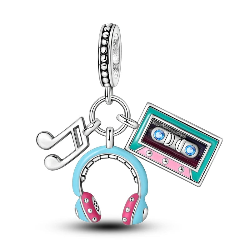 Romantic Music Charms Beads 925 Sterling Silver Piano Violin Red Guitar Punk Saxophone Pendants Fit Qikaola Bracelet DIY Jewelry