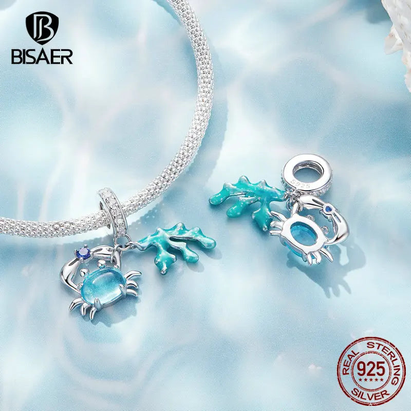 BISAER Real 925 Sterling Silver Bule Turtle Crab Charm Bead Sea Shells Pendant For Women DIY Bracelet & Necklace Holiday Gifts
