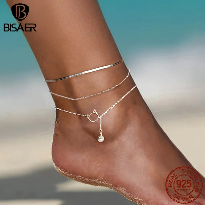 BISAER 925 Sterling Silver Snake Chain Anklet Bracelet Chain Anklet Beads Cute Cat Waterproof Chain For Women Party Fine Jewelry