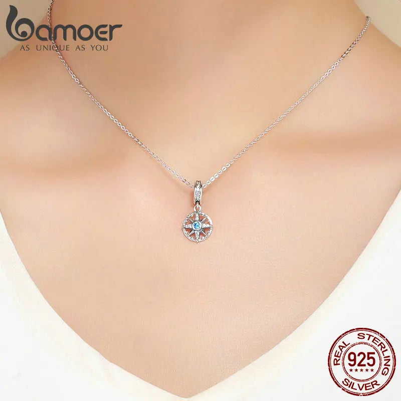 Bamoer 925 Sterling Silver Compass Pendant Enamel Blue Full Circled Zircon Beads for Women DIY Necklace Accessories Crystal Gift