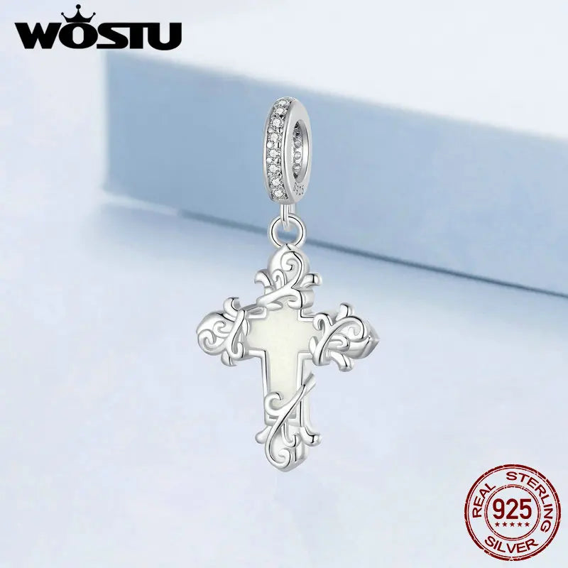 WOSTU 925 Sterling Silver Luminous Owl Charms Cross Pendant Firefly Glow in the dark Turtle Beads Fit DIY Bracelet Necklace Gift