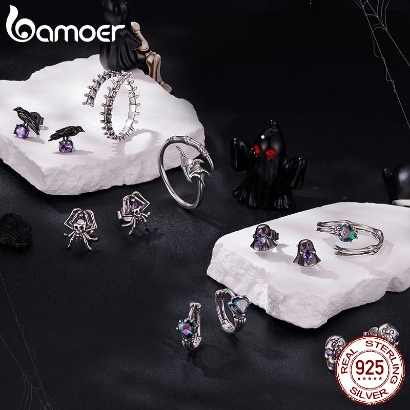 Bamoer 925 Sterling Silver Skull Hand Open Ring Adjusable Rainbow Heart Ring Double-layer for Women Halloween Punk Jewelry Gift